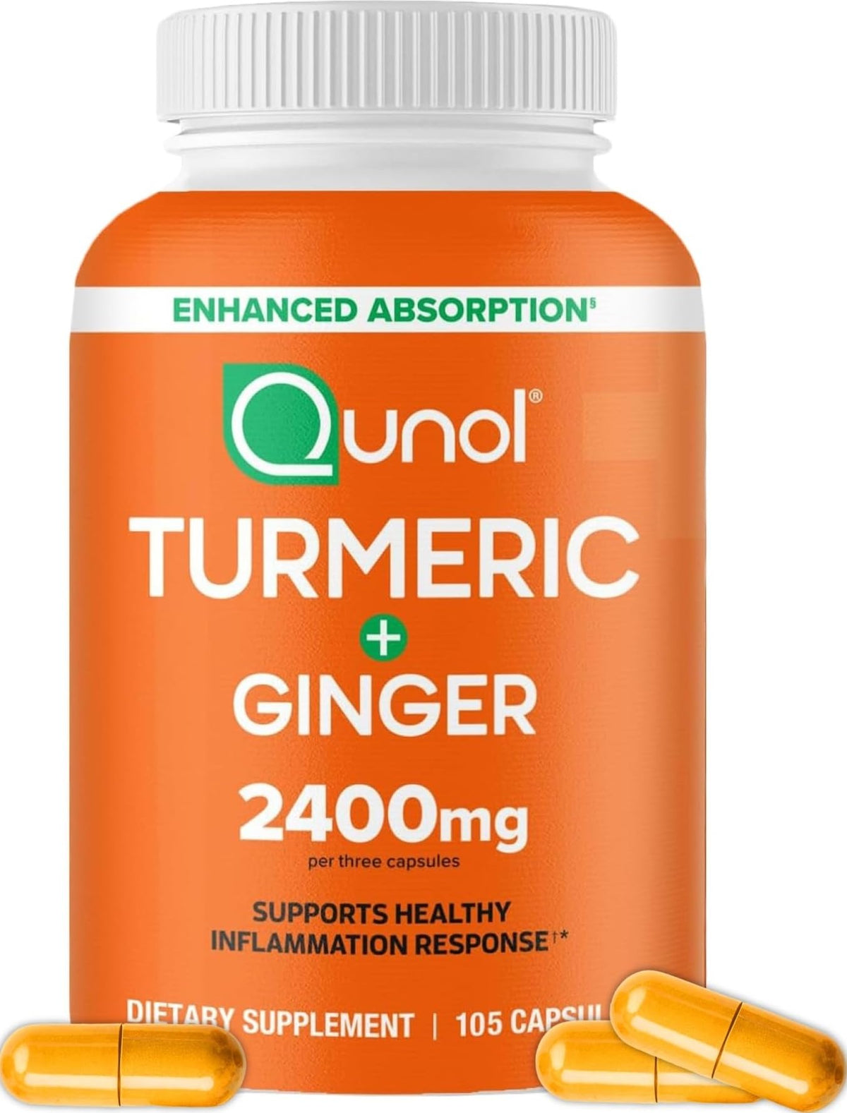 Flacon de Qunol Curcuma + Gingembre 2400mg 105 capsules vue de face