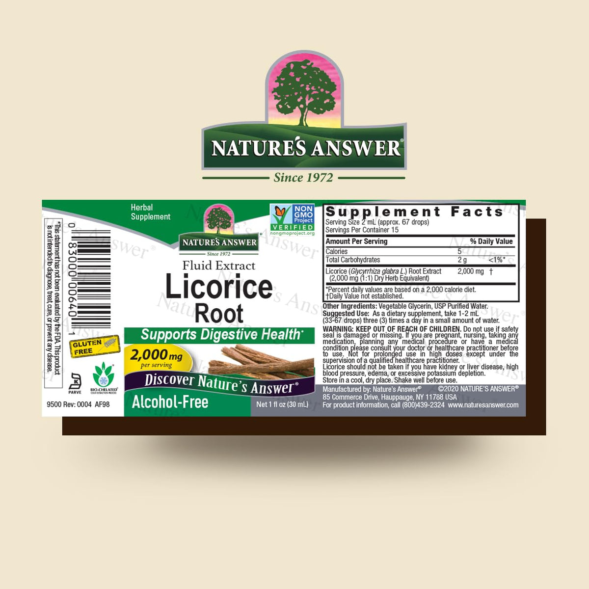 Flacon de racine de réglisse Nature's Answer 1 oz avec étiquette