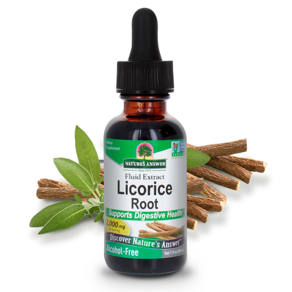 Flacon de racine de réglisse Nature's Answer 1 oz vue de face