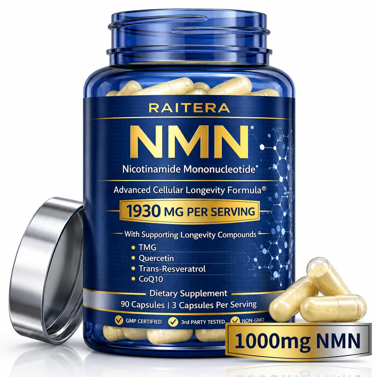 Flacon de Raitera Complément NMN 1000mg avec 90 capsules