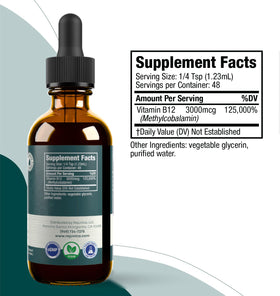 Flacon de Rejuvica Health B12 liquide avec gouttes sur une cuillère