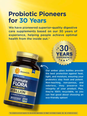 Flacon de Renew Life Probiotique 30 Milliards CFU ouvert avec capsules visibles