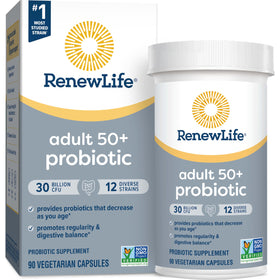 Flacon de Renew Life Probiotique Adult 50+ contenant 90 capsules