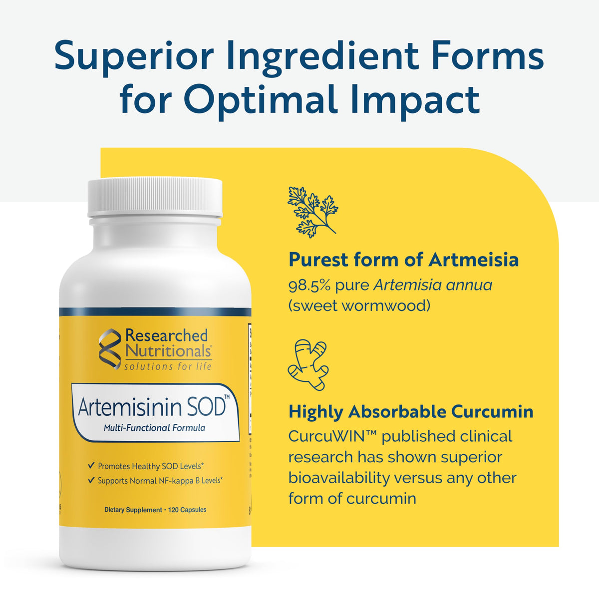 Flacon de Researched Nutritionals Artemisinin SOD ouvert avec capsules visibles