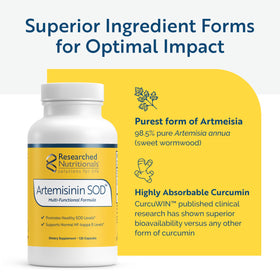Flacon de Researched Nutritionals Artemisinin SOD ouvert avec capsules visibles