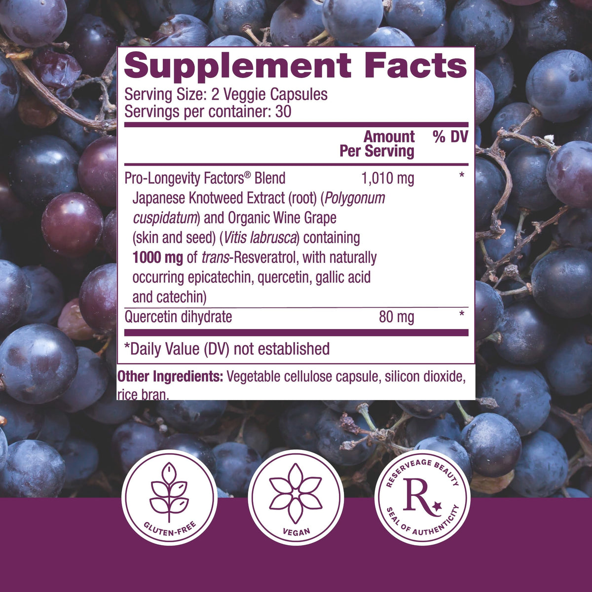 Flacon de Reserveage Nutrition Resveratrol 1000 mg avec étiquette