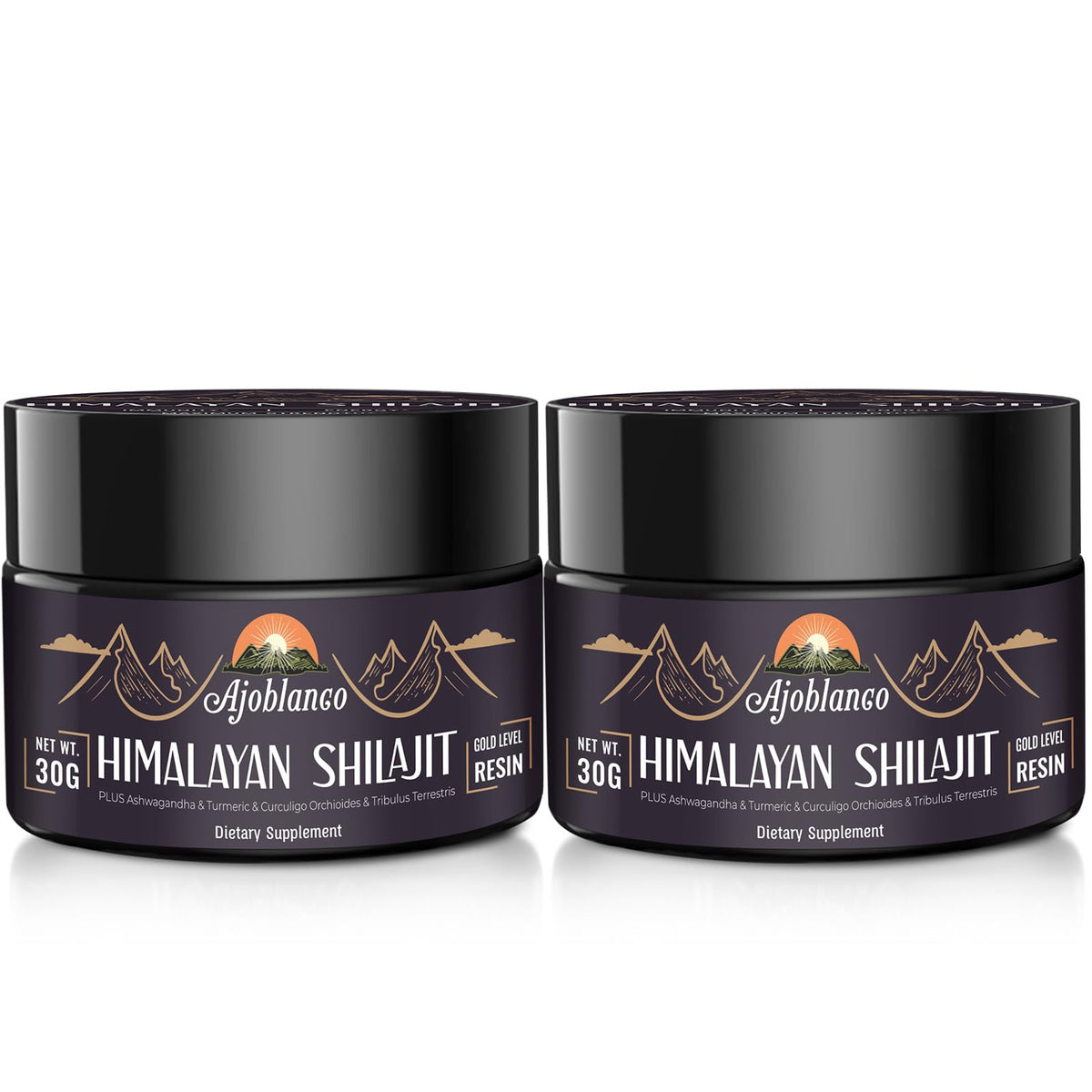 Flacon de résine de shilajit Ajoblanco 600mg avec étiquette