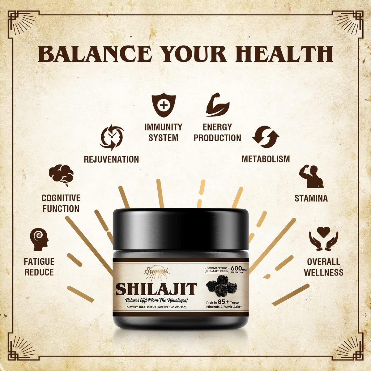 Flacon de résine de shilajit Sennasi avec étiquette visible