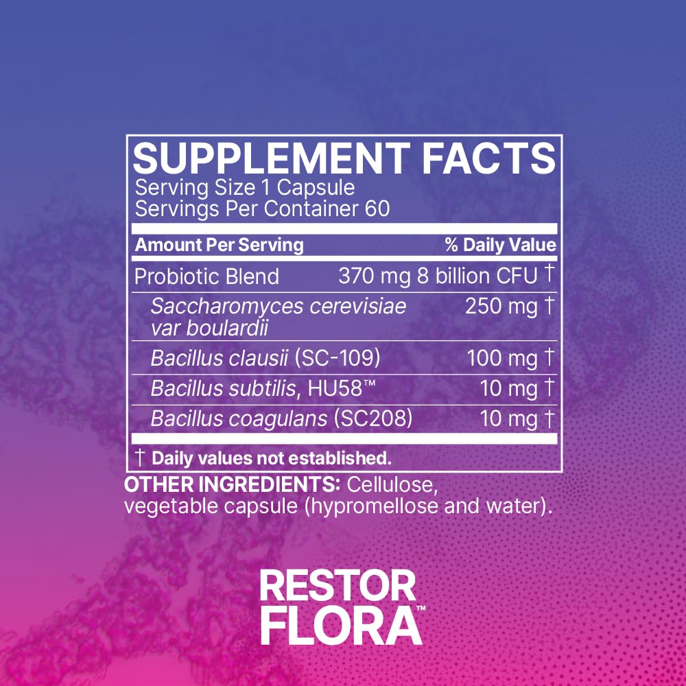 Flacon de Restorflora de Microbiome Labs ouvert avec capsules visibles