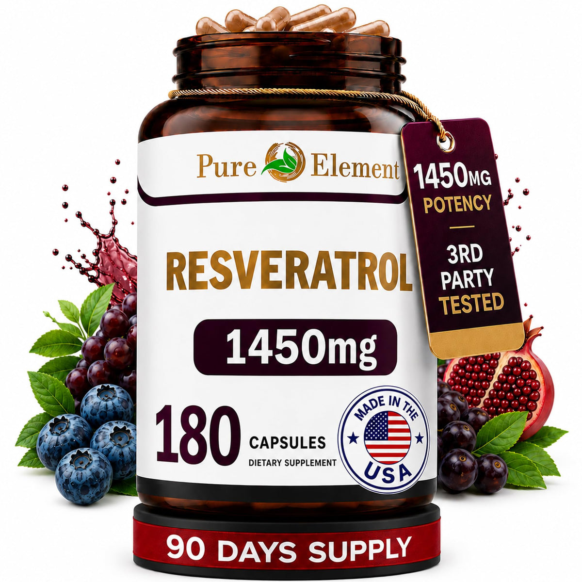 Flacon de Resveratrol 1450mg de Pure Organic Elements avec 180 capsules