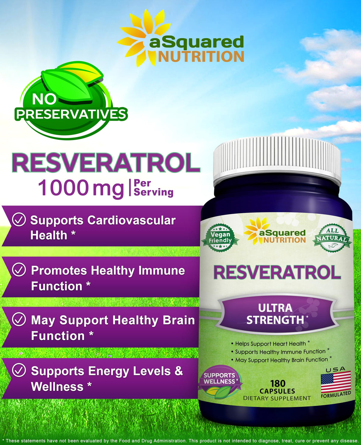 Flacon de resvératrol aSquared Nutrition avec étiquette claire