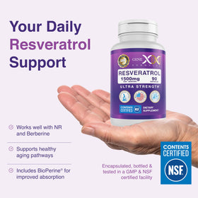 Flacon de Resveratrol Genex Formulas avec étiquette détaillée