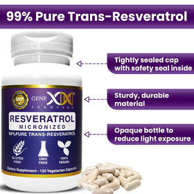 Flacon de Resvératrol Genex Formulas ouvert avec capsules à l'intérieur