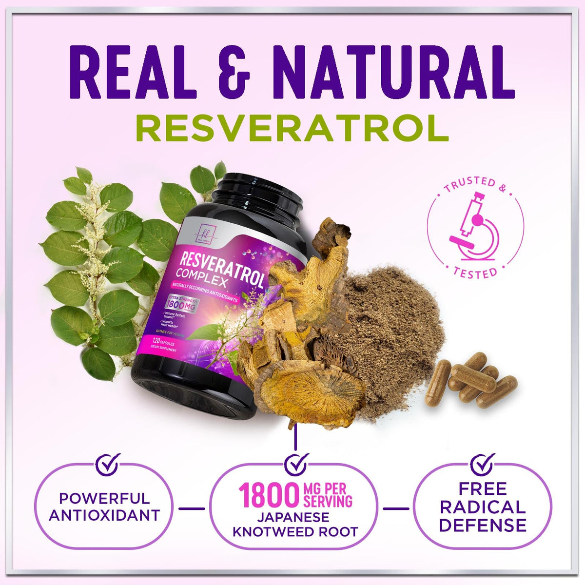 Flacon de resvératrol Hello Lovely! avec des capsules à côté