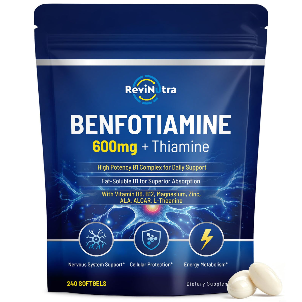 Flacon de ReviNutra B1 Benfotiamine 600mg 240 gélules