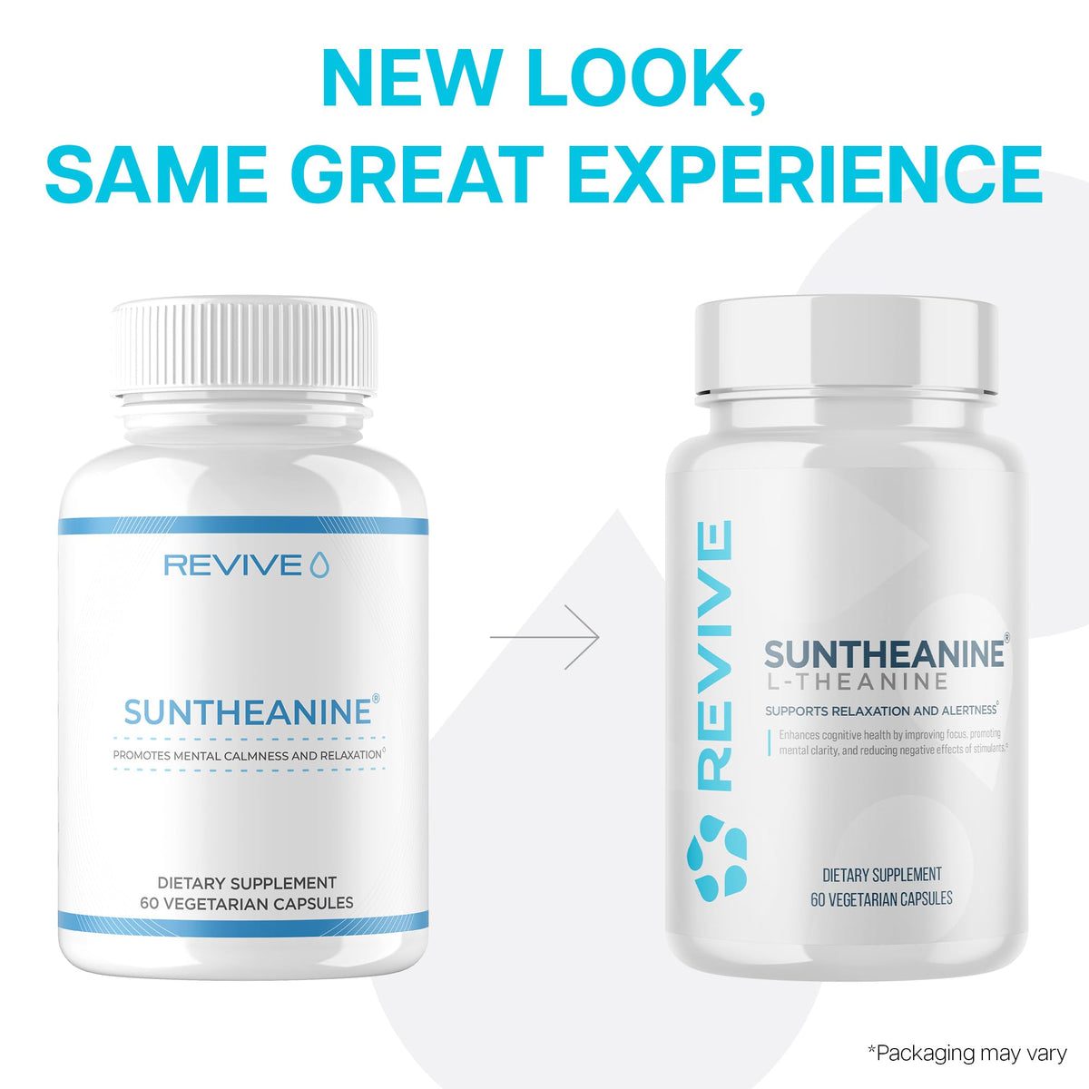 Flacon de Revive L-Théanine ouvert avec capsules visibles