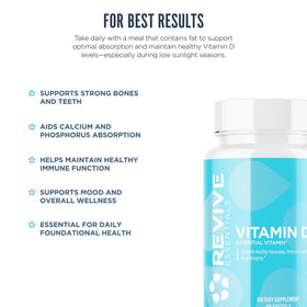 Flacon de Revive Vitamine D3 ouvert avec gélules visibles