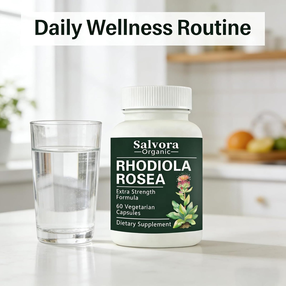 Flacon de Rhodiola Rosea avec des herbes sur une table