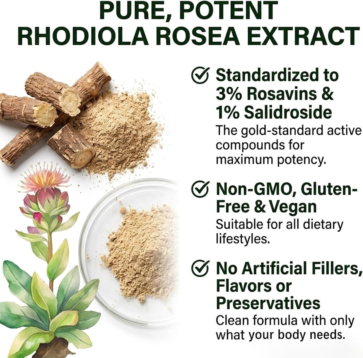 Flacon de Rhodiola Rosea Salvora Organic sur un fond blanc
