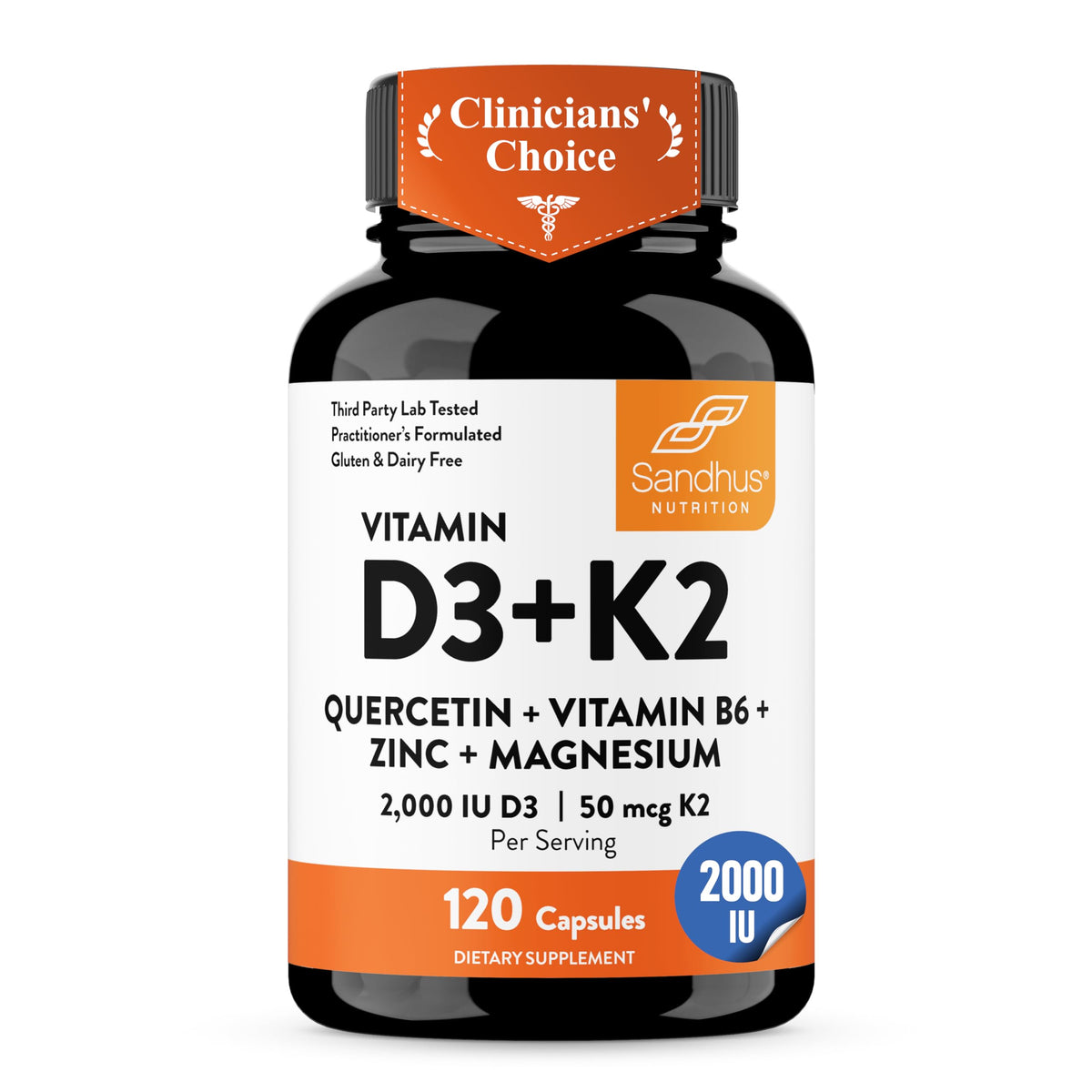 Flacon de Sandhu's D3 K2 2000 IU 120mcg avec 120 capsules