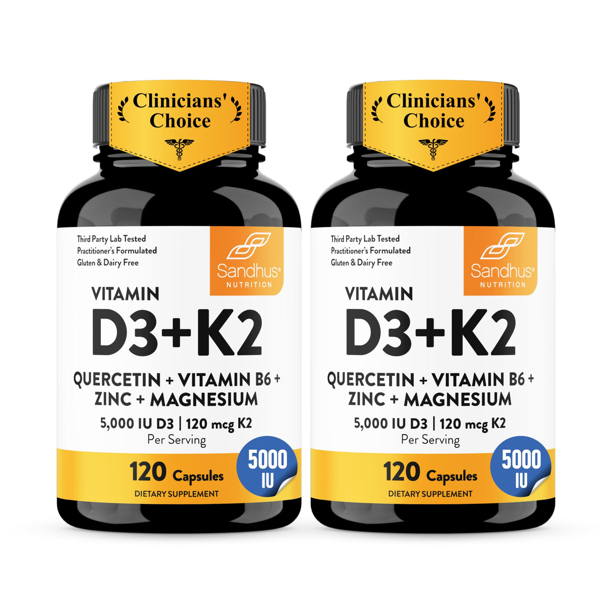 Flacon de Sandhu's D3 K2 5000 IU 240 capsules vue de face