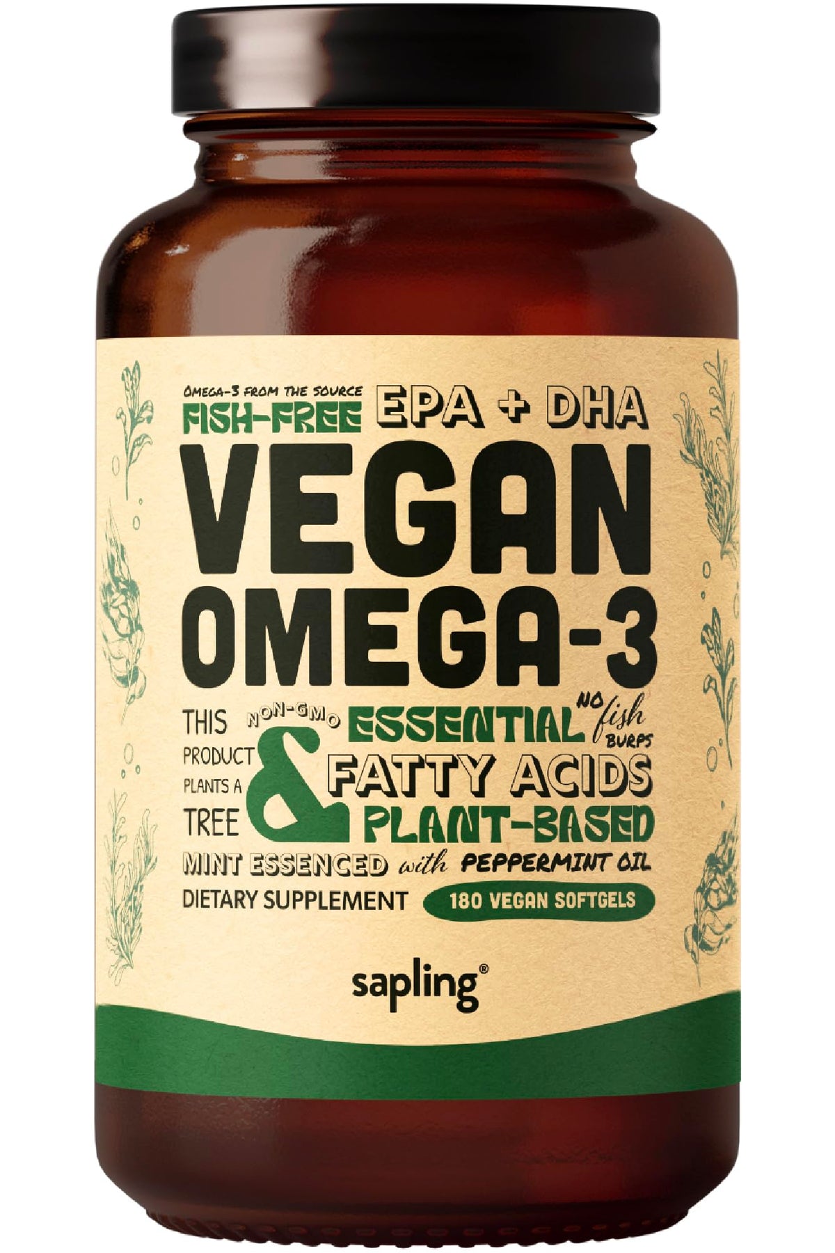 Flacon de Sapling Omega 3 Végétal 180 gélules avec étiquette claire