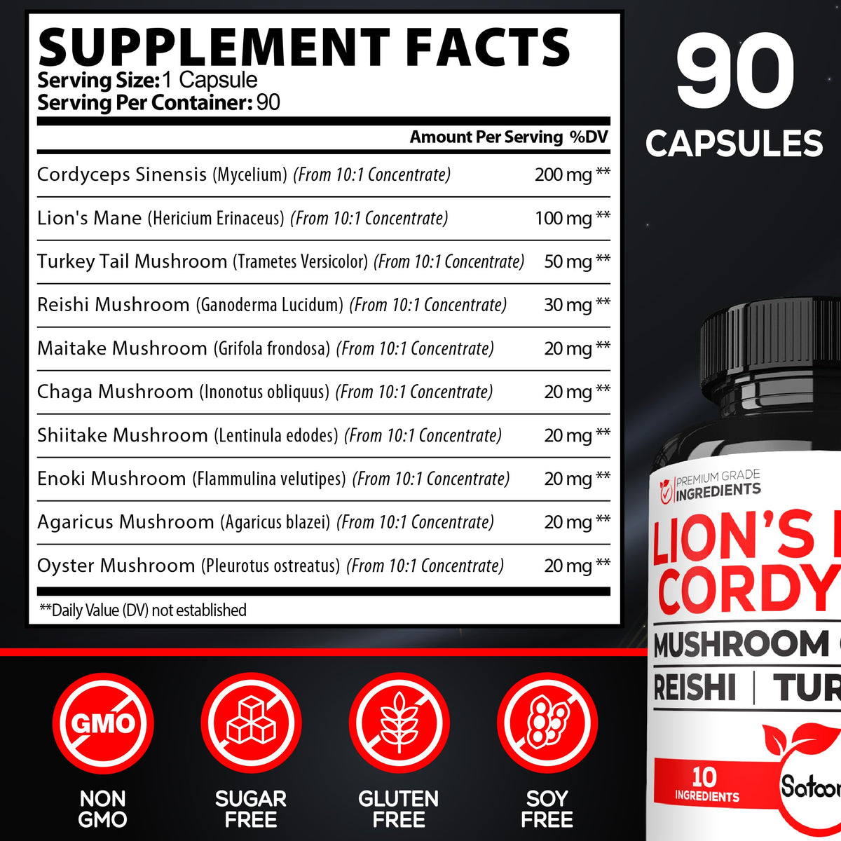 Flacon de Satoomi champignon Cordyceps 90 capsules, étiquette visible