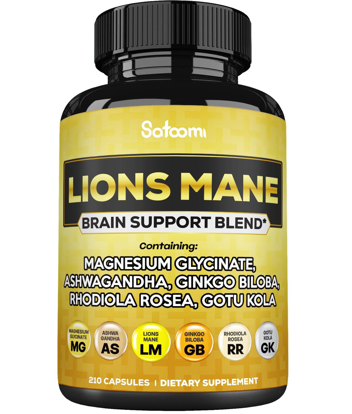 Flacon de Satoomi Lions Mane 210 capsules avec étiquette détaillée