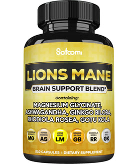 Flacon de Satoomi Lions Mane 210 capsules avec étiquette détaillée