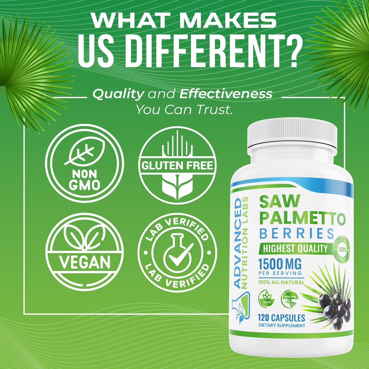 Flacon de Saw Palmetto 1500 mg avec une cuillère à mesurer à côté
