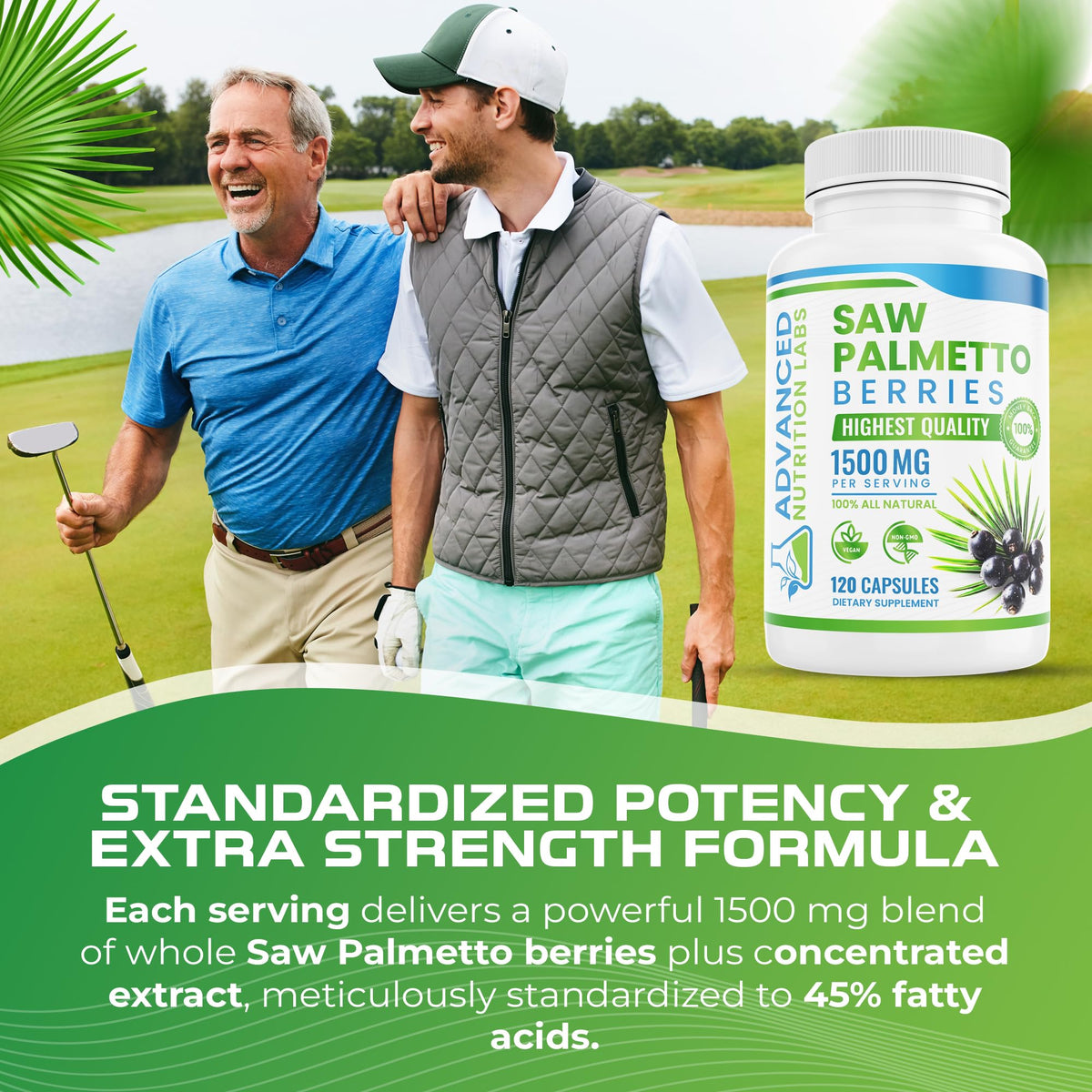 Flacon de Saw Palmetto 1500 mg ouvert, capsules visibles