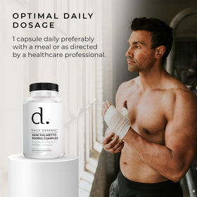 Flacon de Saw Palmetto Daily Defense avec étiquette visible