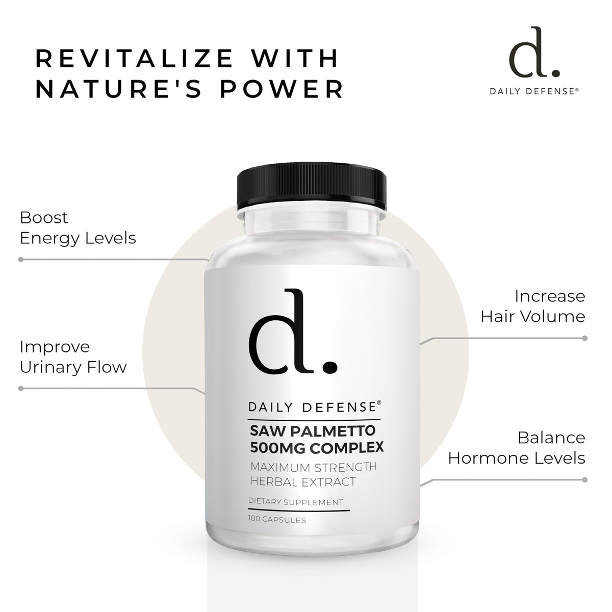 Flacon de Saw Palmetto Daily Defense ouvert avec capsules visibles