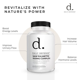 Flacon de Saw Palmetto Daily Defense ouvert avec capsules visibles