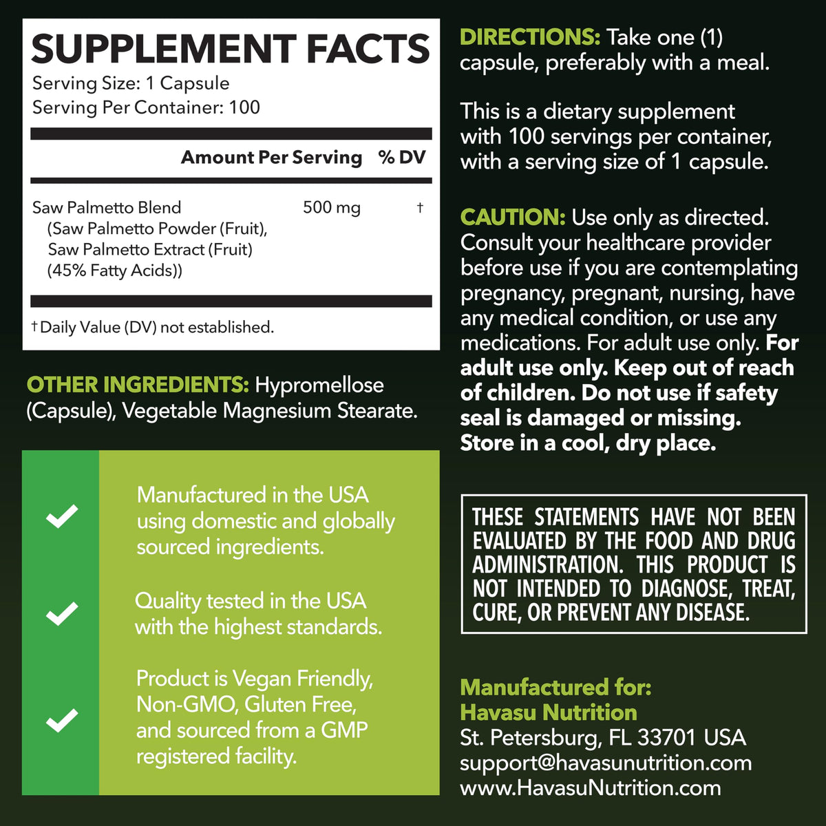 Flacon de Saw Palmetto HAVASU NUTRITION avec capsules