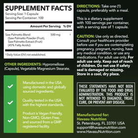 Flacon de Saw Palmetto HAVASU NUTRITION avec capsules