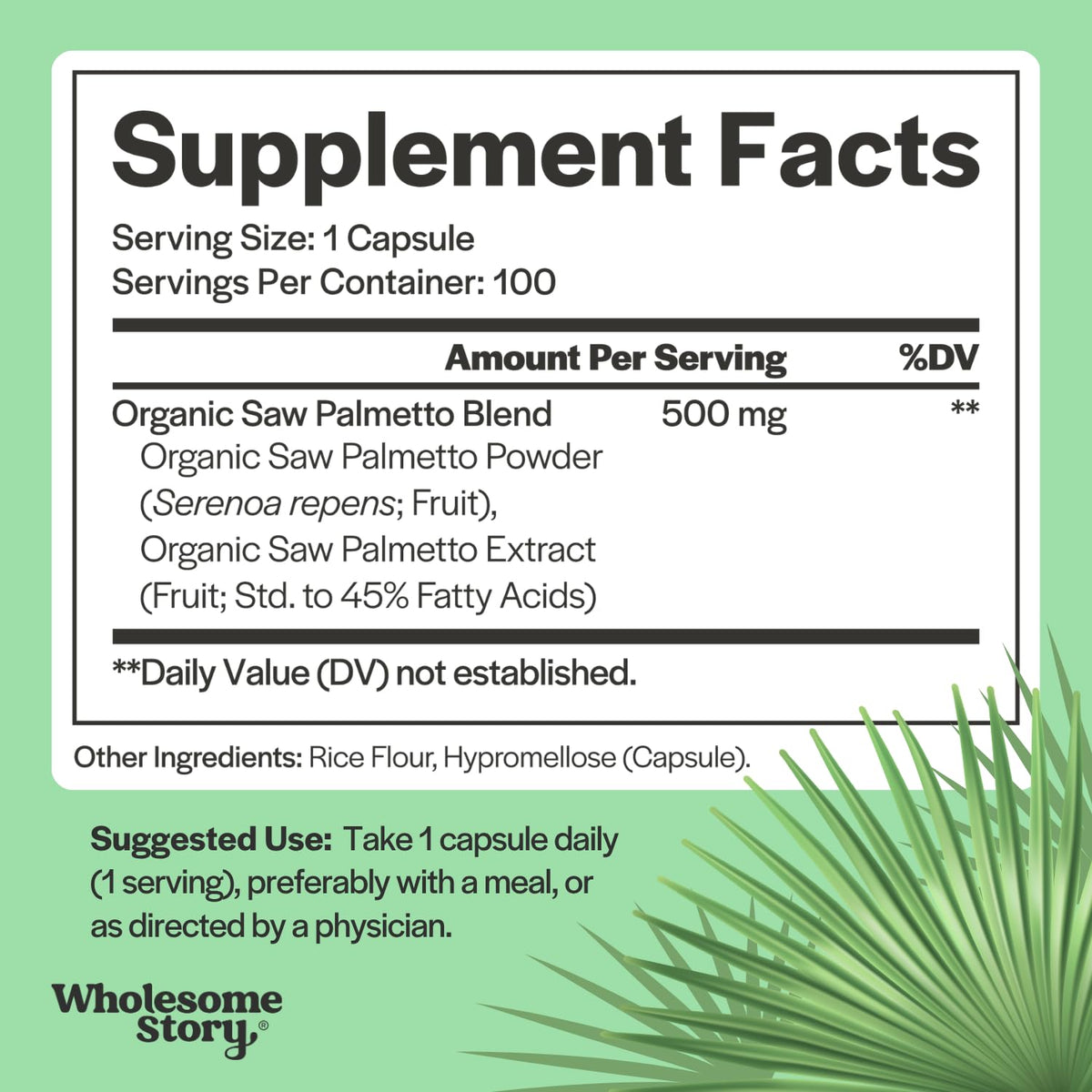 Flacon de Saw Palmetto Wholesome Story avec étiquette visible