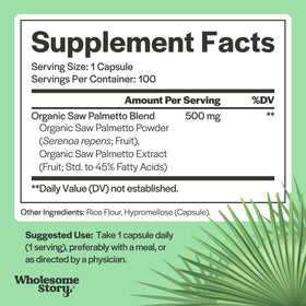Flacon de Saw Palmetto Wholesome Story avec étiquette visible