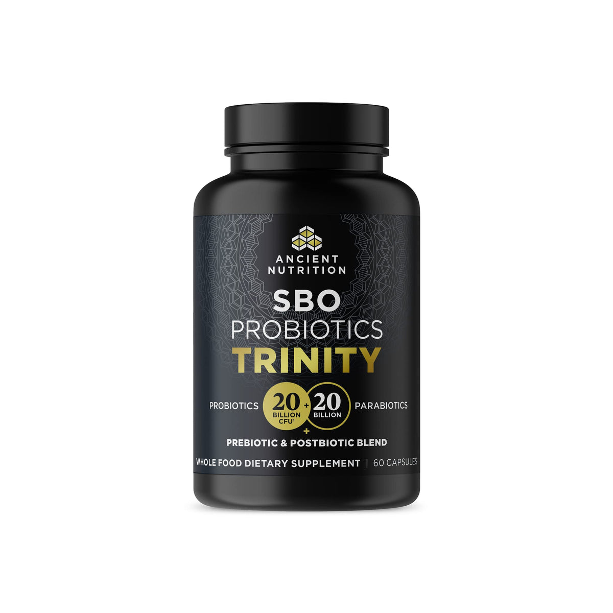 Flacon de SBO Probiotic Trinity d'Ancient Nutrition avec 60 capsules