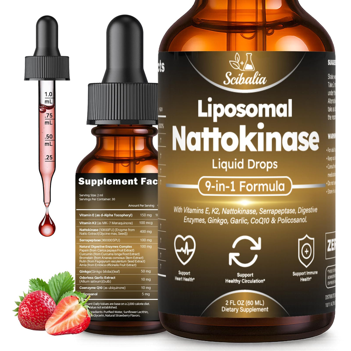 Flacon de Scibalia Nattokinase 10 800 FU 9-en-1 vue de face