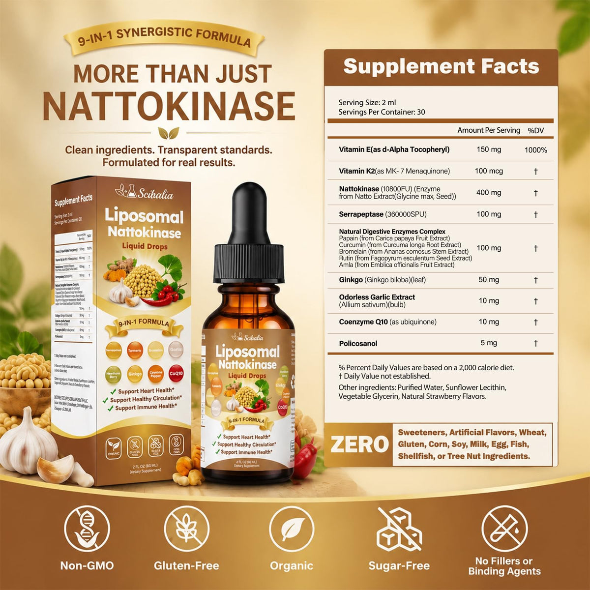 Flacon de Scibalia Nattokinase 10800 FU 150g avec arrière-plan neutre