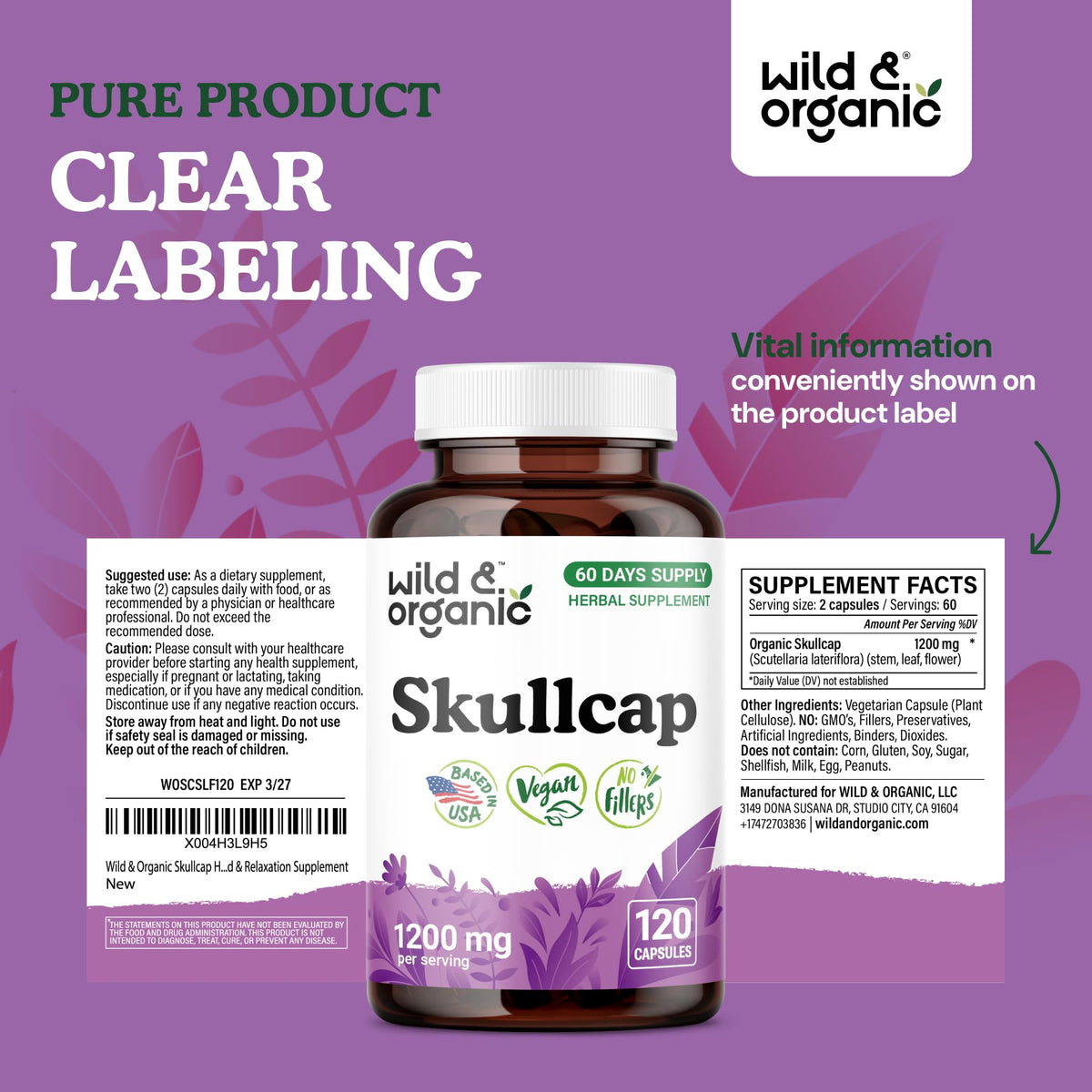 Flacon de scutellaire Wild & Organic avec capsules visibles