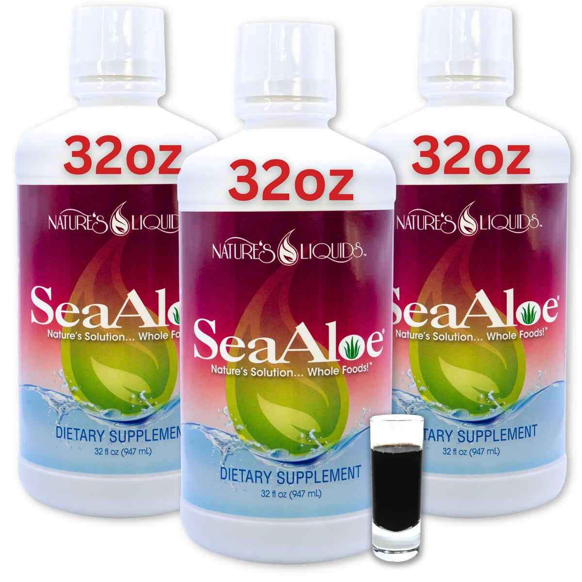 Flacon de SeaAloe Complément Alimentaire Liquide 32oz avec étiquette