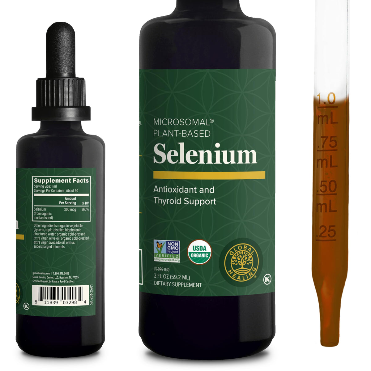 Flacon de sélénium 200 mcg Global Healing Center, vue avant