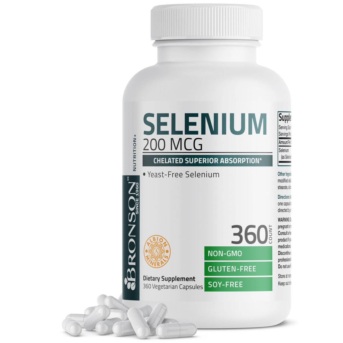 Flacon de Sélénium Bronson 200 mcg 360 capsules vue de face