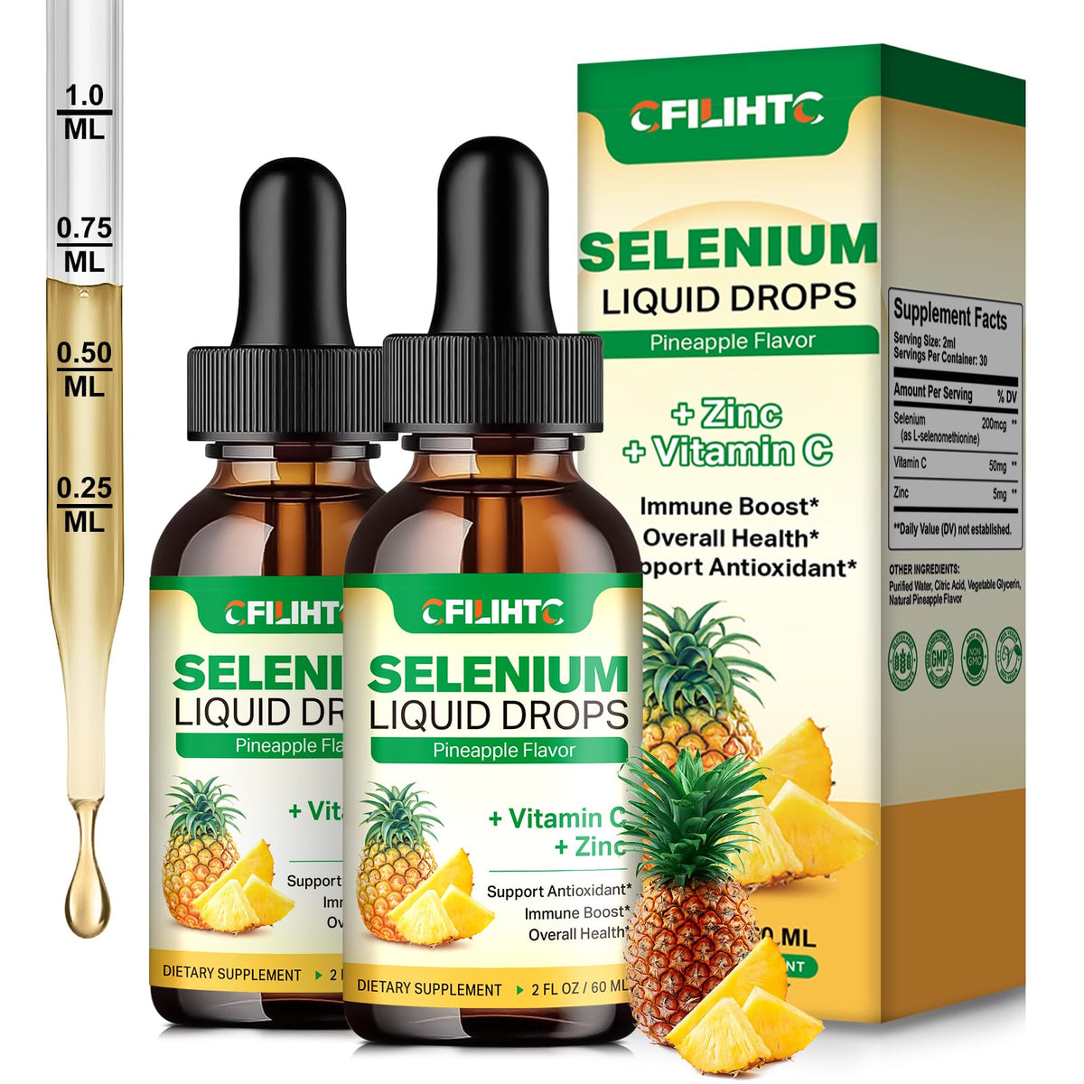 Flacon de sélénium liquide CFILIHTC 200mcg avec étiquette