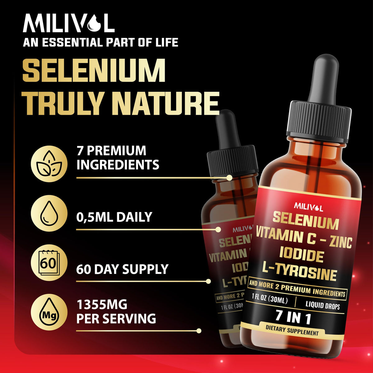 Flacon de Sélénium Liquide MILIVOL sur un fond naturel