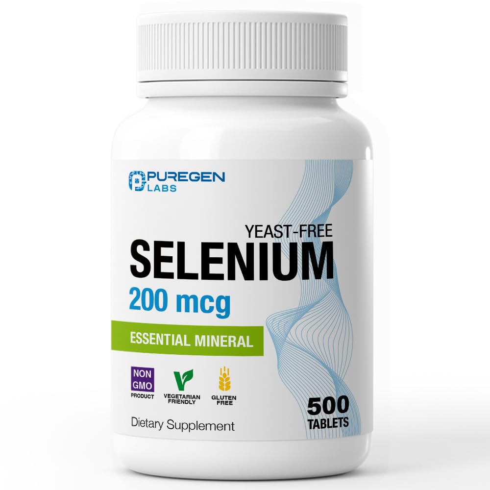 Flacon de sélénium P Puregen Labs 200 mcg avec 500 comprimés végétariens