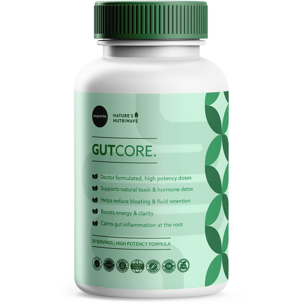 Flacon de Sequente GutCore contenant 30 gommes de probiotiques