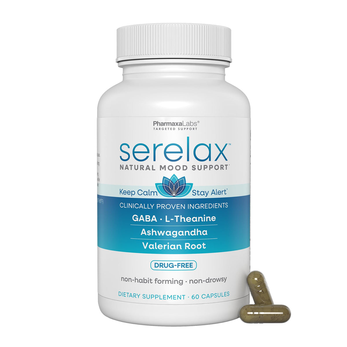 Flacon de Serelax Complément Alimentaire 60 Capsules avec étiquette visible